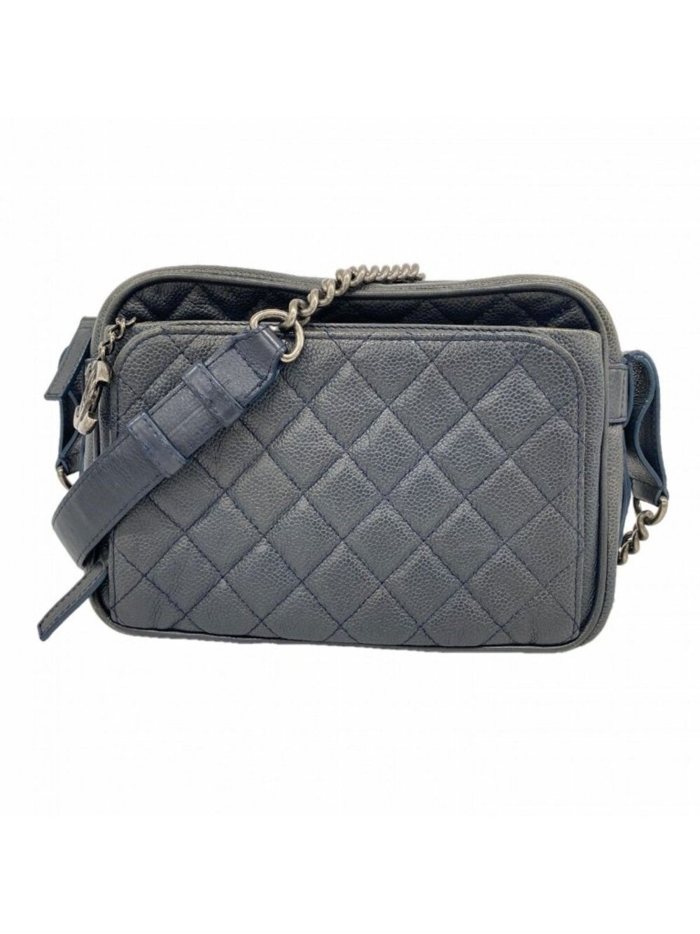 Chanel Shoulder Bag Quilted Caviar Leather Navy Silver